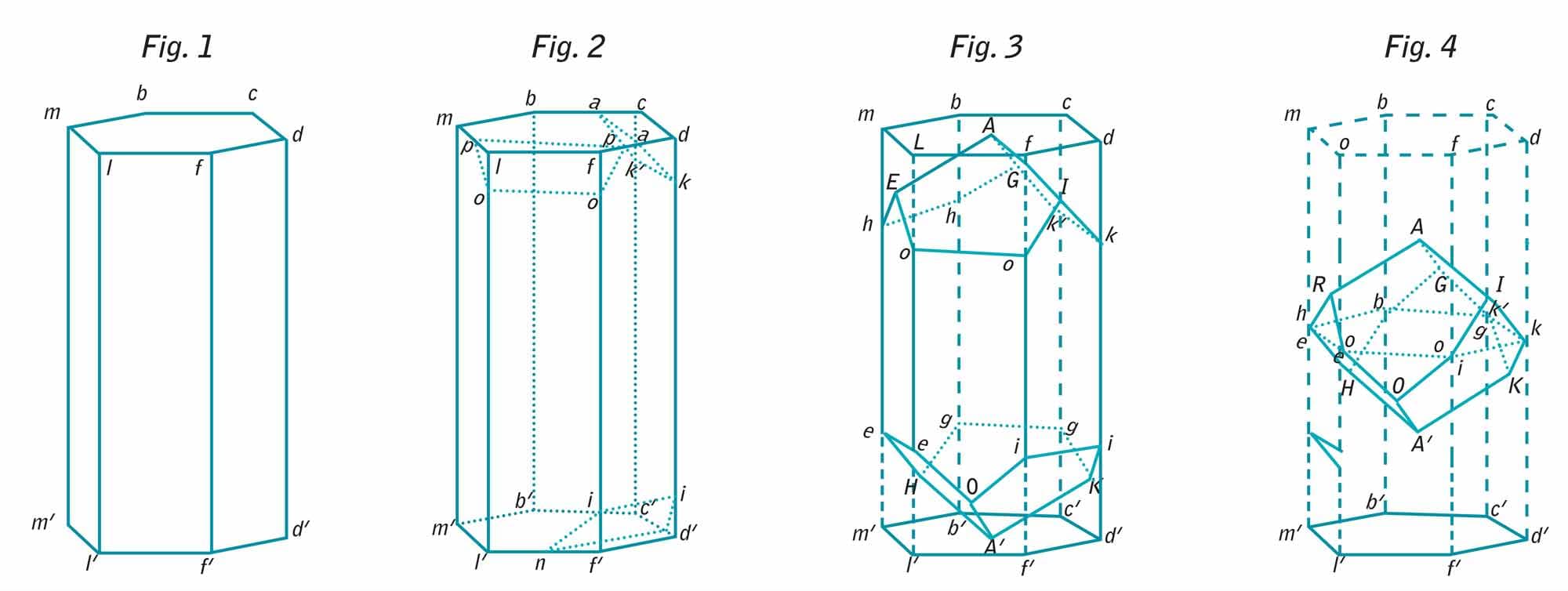Décroissement d’un prisme de calcite jusqu’au rhomboèdre fondamental (dessin de Haüy)