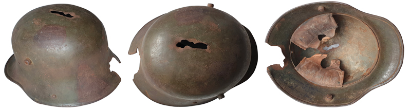 Casque allemand modèle 1916 réputé plus protecteur, le casque allemand a une efficacité réduite devant la puissance de certains projectiles - Coll. Eddy OZIOL